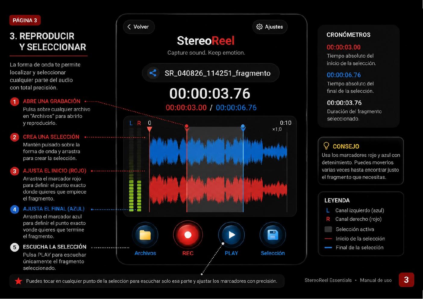 Selección de un fragmento de audio en StereoReel