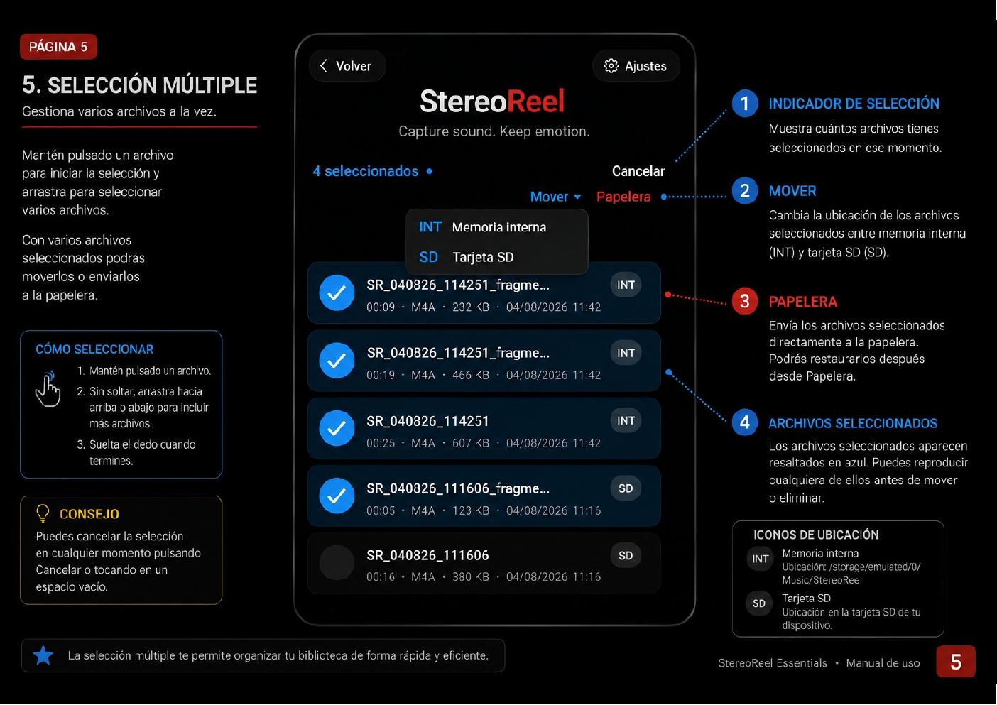 Selección múltiple de archivos en StereoReel